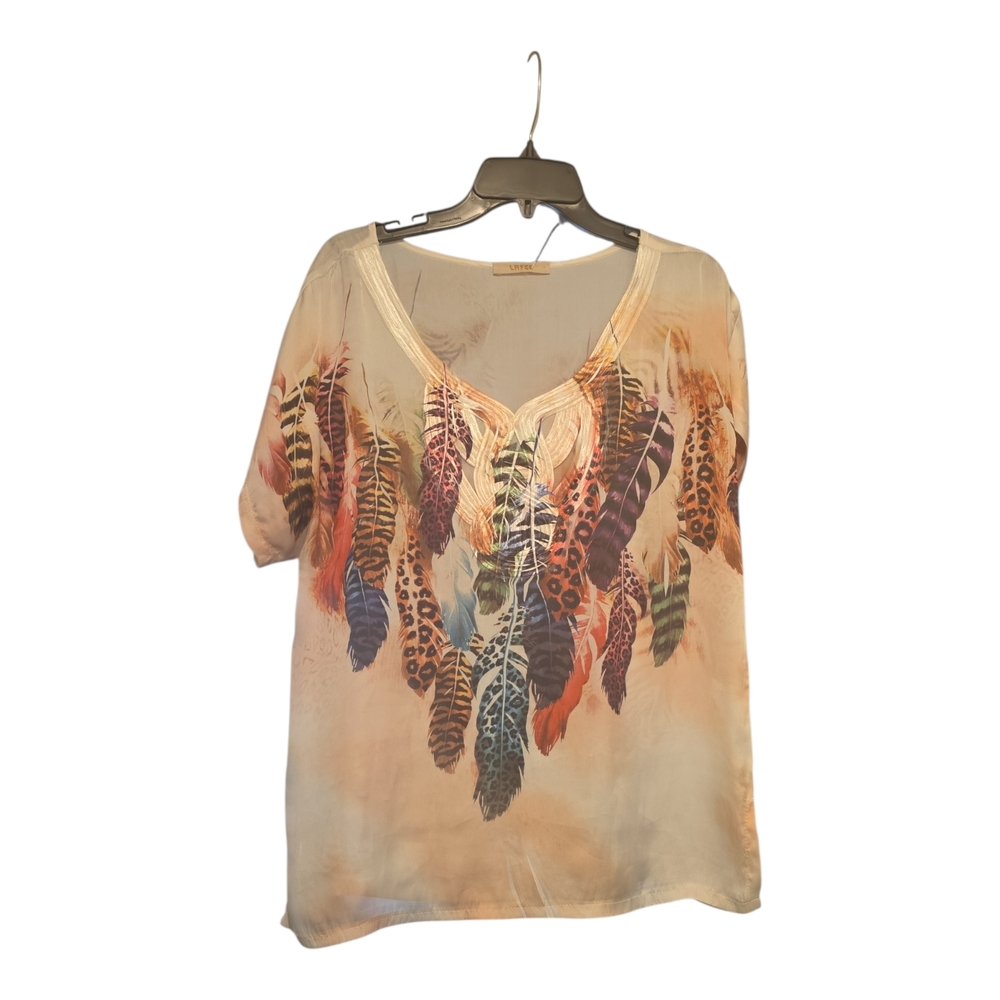 Women's Feather Print Top - Cream and Multicolor